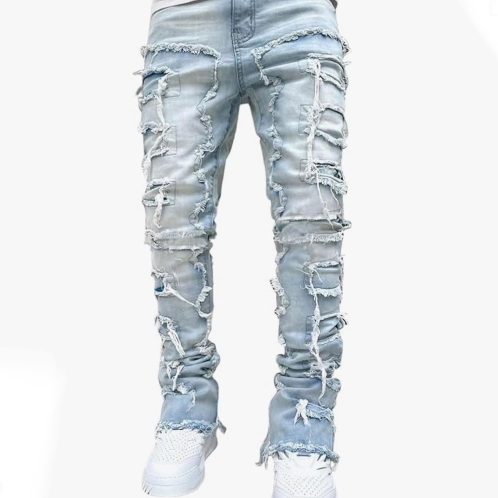 Light Blue Jean Stacked Jeans Men Skinny Ripped Slim Fit Denim Pants Emo Hip Hop - Picture 3 of 3